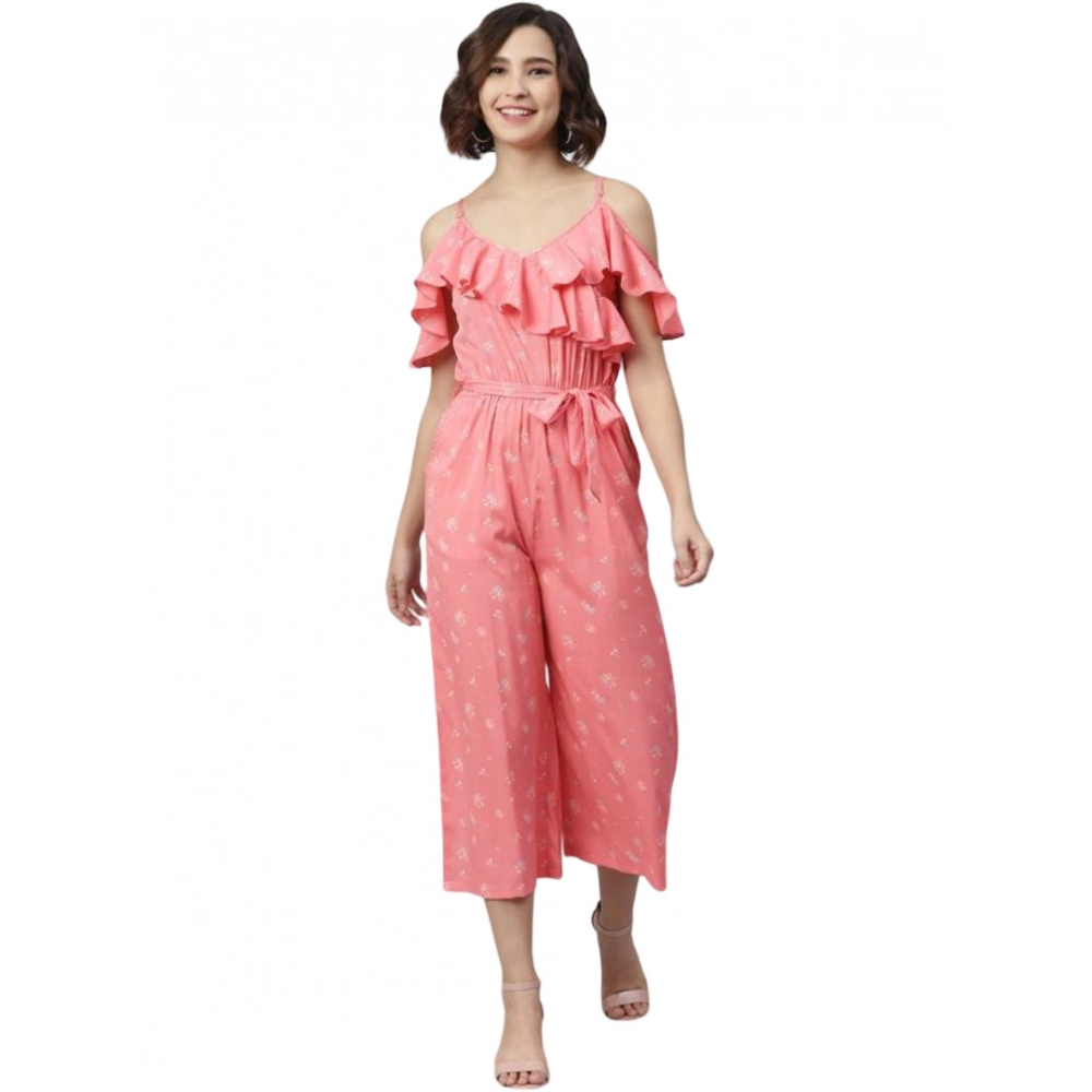 Femilyn Women's Polyester Floral Cold Shoulder Jumpsuit (Pink)