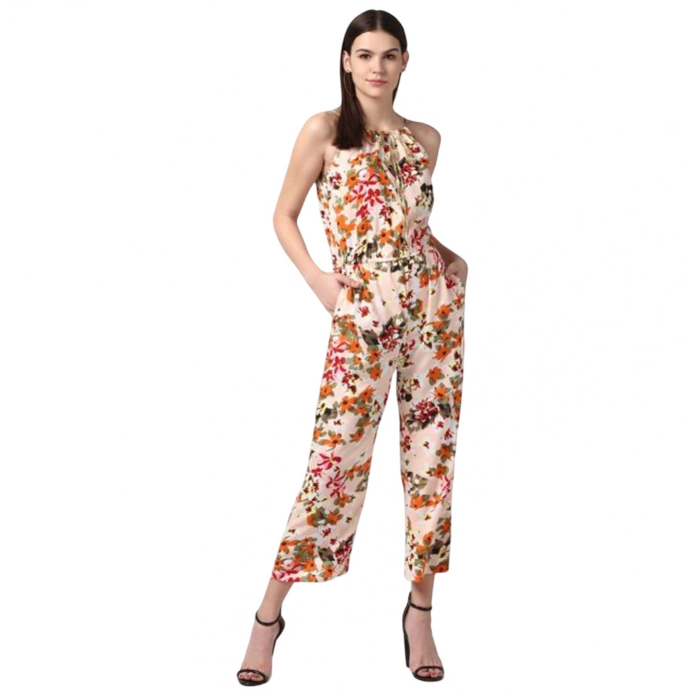 Femilyn Women's Polyester Floral Halter Jumpsuit (Peach)