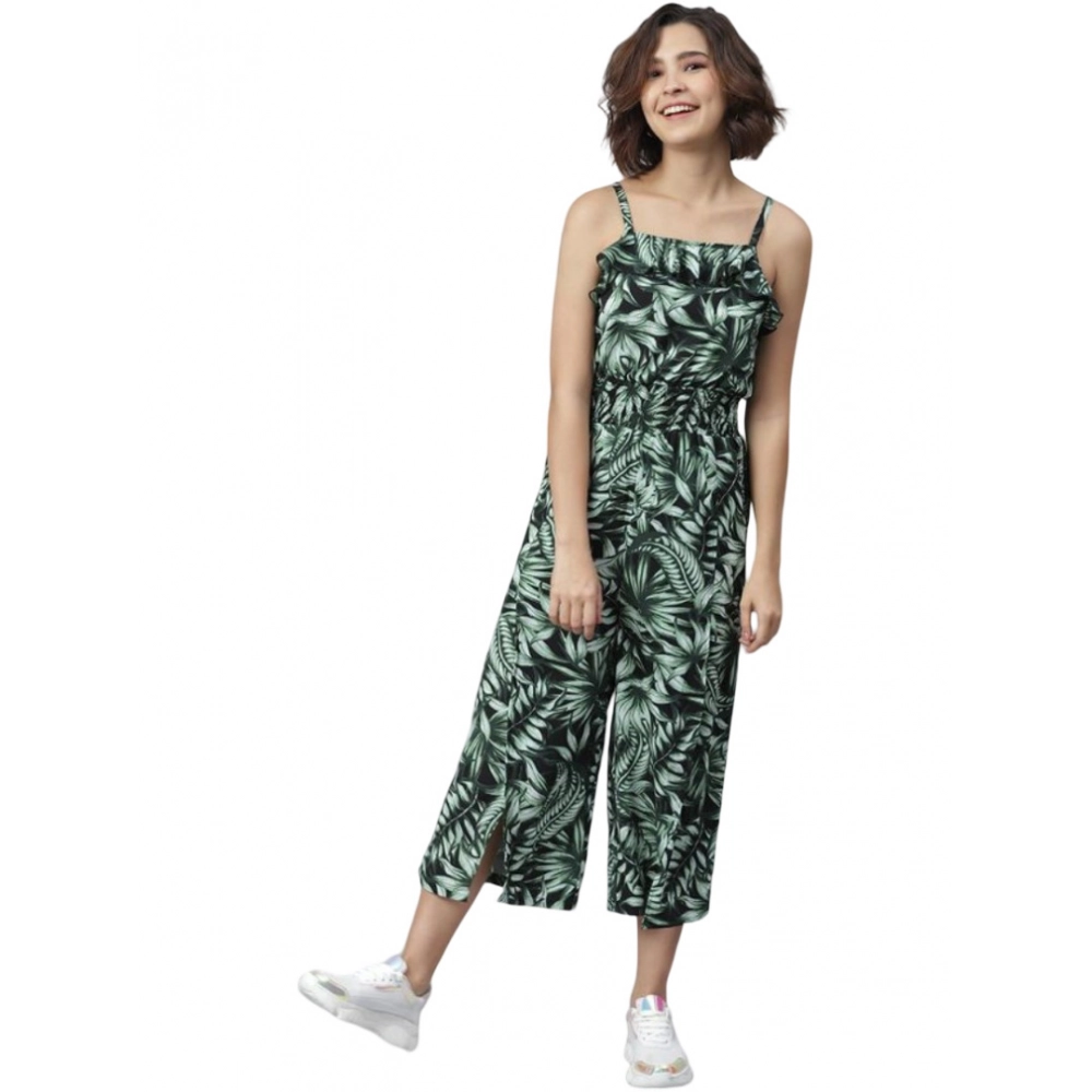 Femilyn  Women's Polyester Printed Shoulder Straps Jumpsuit (Black - Green)