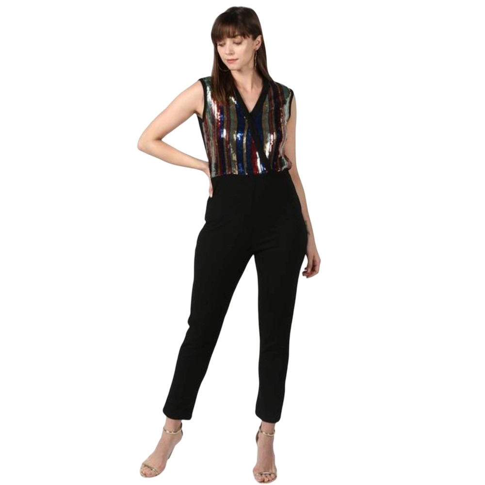 Femilyn  Women's Polyester Embellished Sleeveless Jumpsuit (Black)