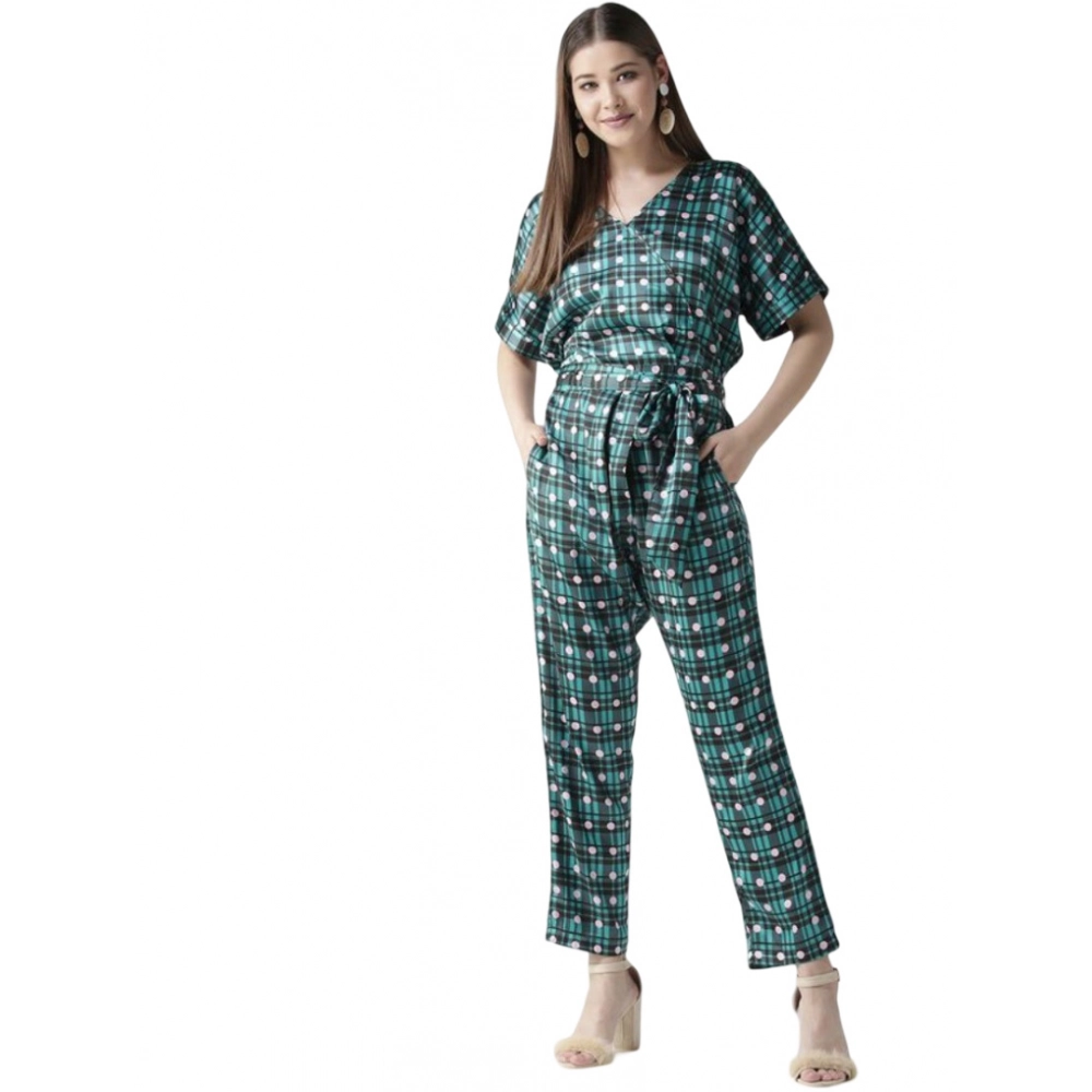Femilyn Women's Polyester Polka Half Sleeve Jumpsuit (Green)