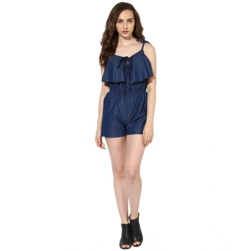 Femilyn  Women's Denim Ruffled Shoulder Straps Jumpsuit (Blue)