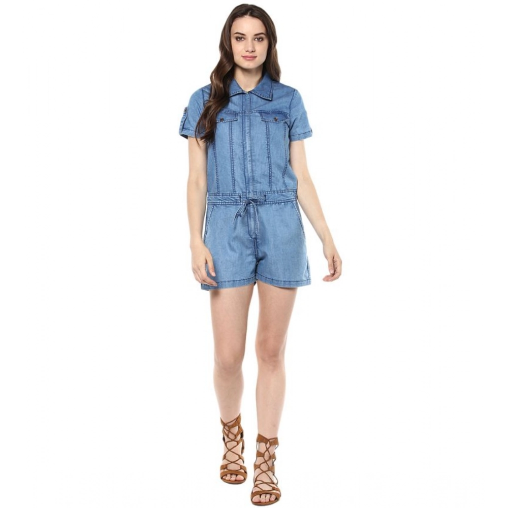 Femilyn Women's Denim Solid Short Sleeve Jumpsuit (Blue)
