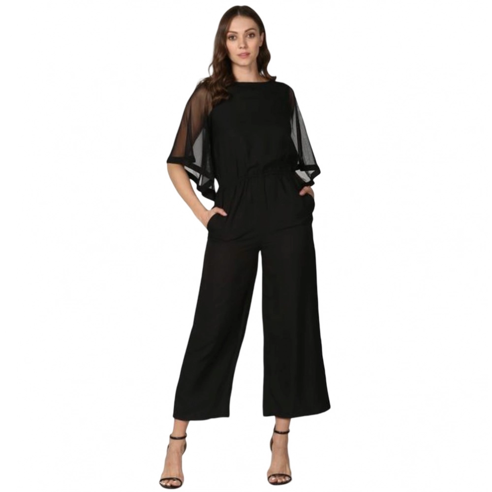 Femilyn  Women's Polyester Solid Half Sleeve Jumpsuit (Black)