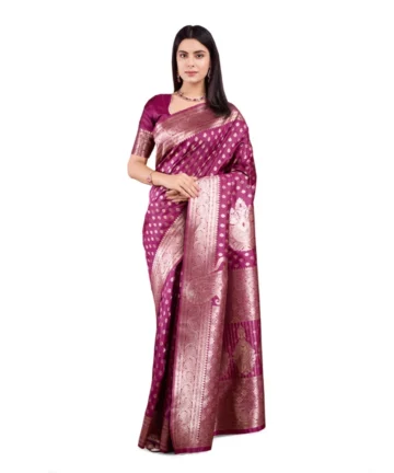 Femilyn  Women's Banarasi Silk Printed Saree With Unstitched Blouse 5.5Mtr (Wine)