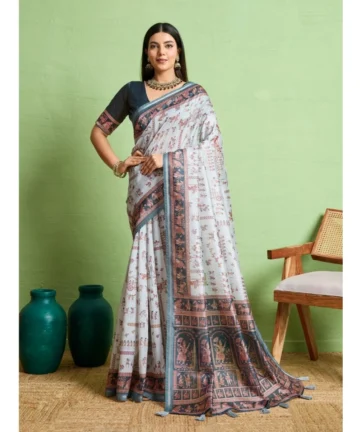 Femilyn  Women's Silk Blend Printed Saree With Unstitched Blouse 5.5Mtr (Grey)