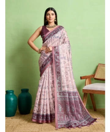 Femilyn  Women's Silk Blend Printed Saree With Unstitched Blouse 5.5Mtr (Grey)